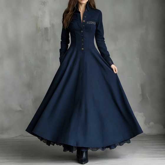 HJDHS Women's Elegant Solid-Color Stand-up Collar Single-Button Long-Sleeved high-Waisted Office Dresses